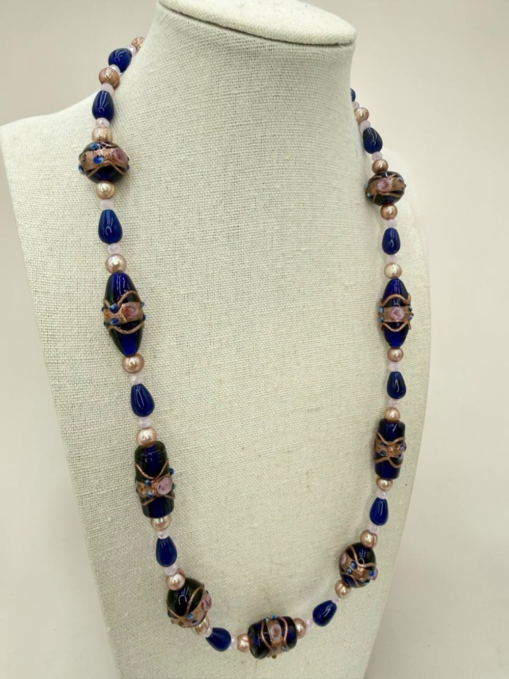 Venetian Wedding Cake Bead Necklace Blue Jade Genuine Pearl Pink Crystal 20” - Picture 9 of 17